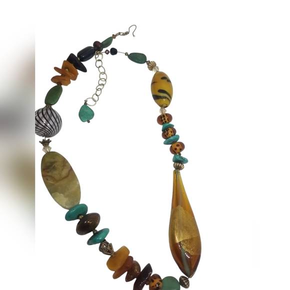 ARTISAN MADE GEMSTONE & ART GLASS MEDLEY STATEMENT NECKLACE WITH 14K GOLD CHAIN - Picture 4 of 11